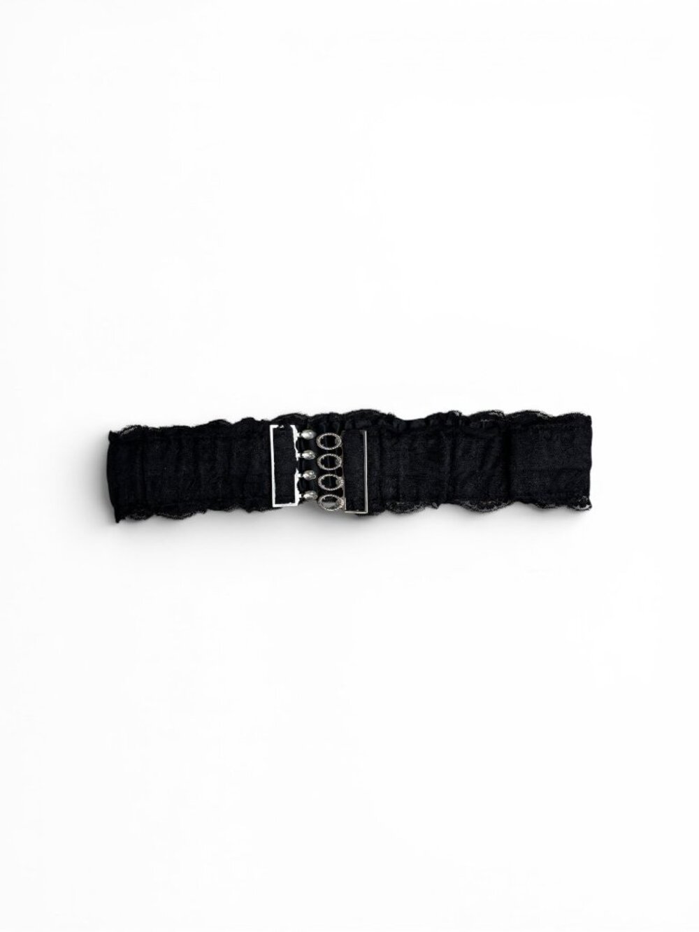 Women's Wide Black Lace Elastic Waist Belt with Silver Interlocking Buckle (A1)